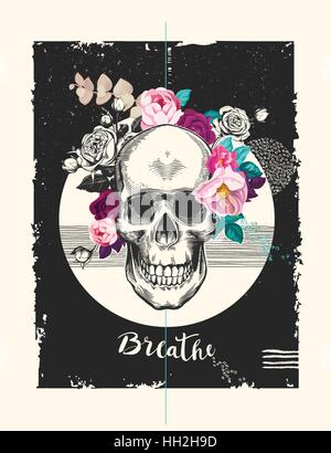 Grunge menschlicher Schädel mit Rosen Kranz, Band mit Wort atmen und geometrischen Formen der verschiedenen Texturen auf Hintergrund. Moderne Vektor-Illustration im Pop-Art-Stil für T-shirt, Flyer, Poster drucken Stock Vektor
