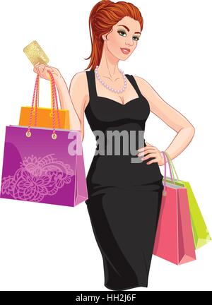 Vektor-Illustration. Glückliche junge Frau mit Einkaufstüten und Rabatt-Karte. Isoliert auf weißem Hintergrund Stock Vektor