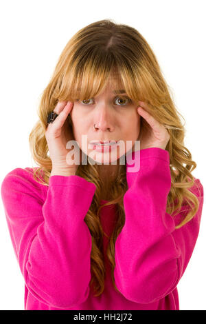 Blonde Frau mit Kopfschmerzen oder stress Stockfoto