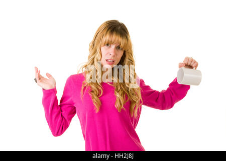 Eine unglückliche Frau mit einer leeren Becher. Stockfoto