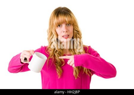 Eine unglückliche Frau mit einer leeren Becher. Stockfoto