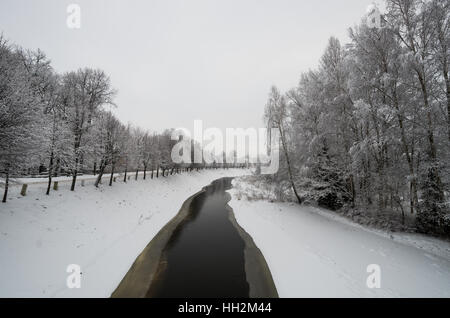 Kleiner Fluss mit weißen Schnee bedeckt Bäume Stockfoto