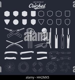 Cricket Logo Creation Kits. Sport-Logo-Designs. Cricket Icons Vektor-Satz. Erstellen Sie Ihr eigenes Emblem Design schnell. Sport Symbole, Elemente - Ball, Fledermäuse, s Stock Vektor