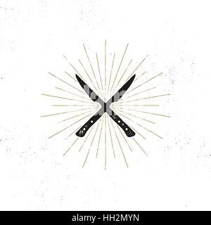 Fleischerbeil und Messer-Symbole. Vintage Steak-Haus-Symbol. Buchdruck mit Sunbursts Wirkung. Vektor-design Stock Vektor
