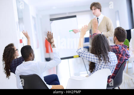 Ernst-Team mit flip Board im Büro etwas diskutieren Stockfoto
