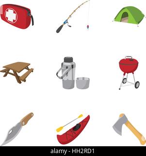 Campingplatz-Symbole-Set, Cartoon-Stil Stock Vektor