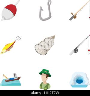 Fangen Sie Fische Symbole gesetzt, Cartoon-Stil Stock Vektor