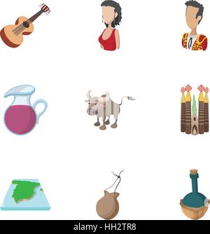 Tourismus in Spanien Icons Set, Cartoon-Stil Stock Vektor