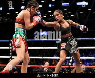 Brooklyn, USA. 14. Januar 2017. Amanda Serrano (schwarz und Silber Stämme) und Yazmin Rivas Schlacht in einem weiblichen junior Federgewicht Titelkampf bei Barclays Center in Brooklyn, New York. Bildnachweis: Joel Plummer/ZUMA Draht/Alamy Live-Nachrichten Stockfoto