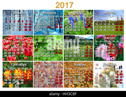 Kalender für das Jahr 2017 in russischer Sprache mit Foto der Natur für jeden Monat Stockfoto