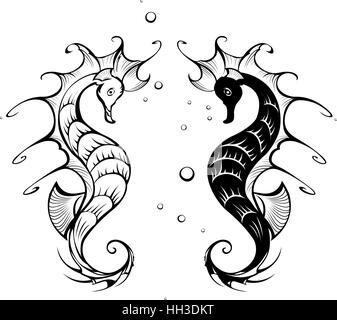 Zwei schwarze Silhouette stilisierte Seepferdchen auf weißem Hintergrund. Stock Vektor
