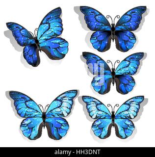 Satz von kunstvoll bemalten blaue Schmetterling Morpho texturiert mit schillernden Flügeln auf einem hellen Hintergrund.  Morpho. Design mit blauer Schmetterlinge Morpho. Stock Vektor