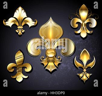 Satz von Gold, Schmuck Fleur de Lis auf einem schwarzen Hintergrund. Stock Vektor