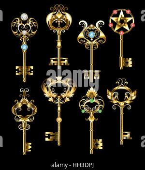 Satz von gold, Schmuck-Schlüsseln, dekoriert mit Runde Edelsteine auf schwarzem Hintergrund. Schmuck gold Schlüssel. Stock Vektor