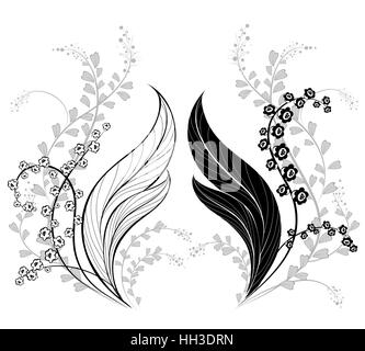 Silhouette der beiden, kunstvoll bemalten Maiglöckchen, mit Wildgras auf weißem Hintergrund. Stock Vektor