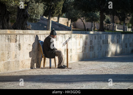 Ein muslimischer Mann betet in der Nähe der Felsendom auf dem Haram al-Sharif, auch bekannt als der Tempelberg Jerusalems Altstadt, Israel Stockfoto