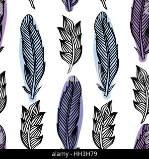 Nahtlose Muster mit Federn Umriss. Boho-Style-Elemente. Vektor-Zeichenprogramm. Stock Vektor