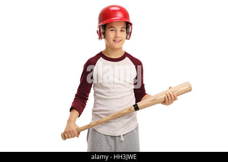 Kleiner Junge trägt einen Helm und hält einen Baseballschläger isoliert auf weißem Hintergrund Stockfoto