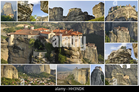 Collage von Meterora Bilder: Vaarlam Kloster befindet sich im Zentrum; unterschiedliche Auffassungen von Rousano und Nikolaos Anapafsas Klöster und Kastraki Dorf sind auf Stockfoto