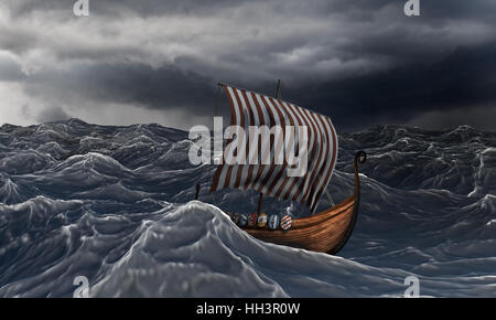 Wikinger-Schiff auf dem dramatischen welliges Meer im Sturm. Drakkar und Ozean. Stockfoto