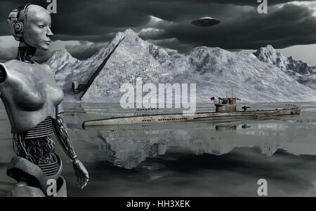 Ein Nazi-deutsche U-Boot & ein UFO nähert sich der versteckte Top geheime Basis bekannt als 211. Das Hotel liegt in der Antarktis. Stockfoto