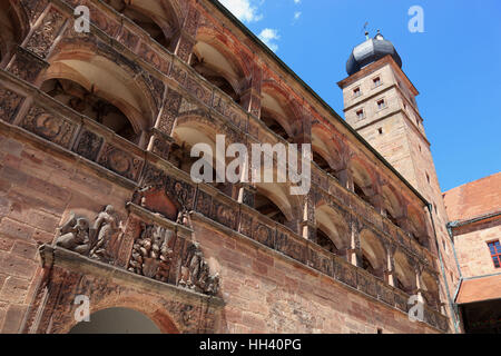 Das Schoene Hof, Renaissance Innenhof mit Reliefs Bilder zwischen den Arkaden, Hohenzollernresidenz, Burg Plassenburg Stockfoto