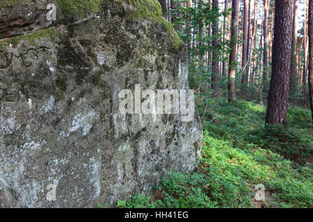 Verwitterte flache Relief, voraussichtlich Volto Santo Typ, Kruzifix, Teil von einem alten Pilgerweg, Ernst-Michel Felsen in der Nähe von Mainleus, Landkreis Kulmbach Stockfoto