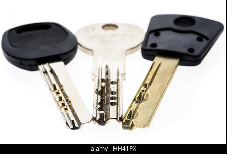 Reihe von mechanischen Sicherheit anti-Diebstahl Einbruch Schutz Silber Schlüssel isoliert auf weiss. Konzept des inländischen Wertpapieres Stockfoto
