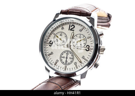 Herren Luxus Runden Schweizer mechanische Armbanduhr mit Lederarmband Armband. Chronograph oder Drehzahlmesser isoliert auf weiss. Hochauflösendes Foto. Stockfoto