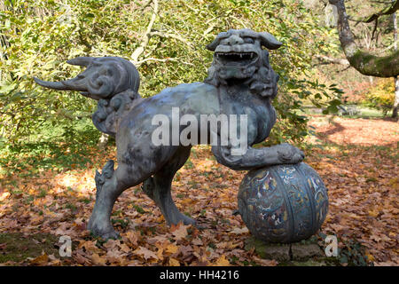 Bronze-Foo Hund Skulptur Wald zündeten Arboretum Cotswolds UK Stockfoto