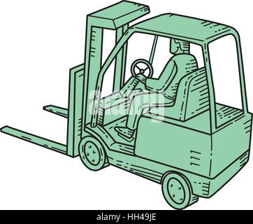 Mono-Linie Stil Illustration ein Gabelstaplerfahrer LKW fahren fahren Gabelstapler von oben am isolierten weißen Hintergrund betrachtet. Stock Vektor