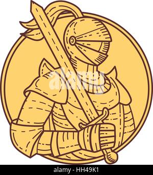 Mono-Linie Stil Darstellung eines Ritters tragen Rüstung und Helm mit Schwert auf Schulter gesehen von der Seite legen im inneren Kreis auf isolierte Hinterg Stock Vektor