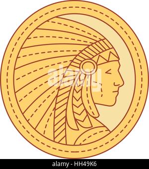 Mono-Linie Stil Illustration einer indianischen Häuptling tragen Feder Kopfschmuck der Seitenansicht im inneren Kreis. Stock Vektor