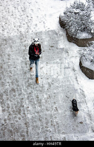 Belgrad, Serbien - 9. Januar 2017: Teenager Spaziergang mit ihrem Hund an der Leine bei Schneefall, erhöhte Ansicht Stockfoto