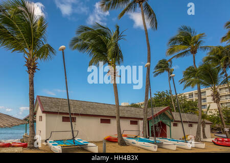 Bootshaus am Strand-Guadeloupe-Antillen Stockfoto