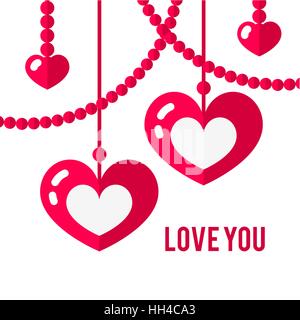 Happy Valentinstag Karte mit roten flachen paar Herzen isoliert auf weißem Hintergrund. Stock Vektor