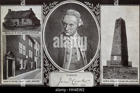 Captain James Cook (1728-1779) - britische Forscher, Navigator, Kartograph und Kapitän der Royal Navy - Porträt und bemerkenswerte Orte zugeordnet sein Leben - sein Geburtshaus in Marton in Cleveland, sein Haus auf Traube Lane, Whitby und die Cook-Denkmal Stockfoto