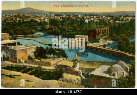 Hama, Syrien, Brücke über den Orontes River und Giant Waterwheels Stockfoto