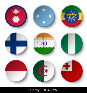 Satz der Welt kennzeichnet Runde Abzeichen (Nepal. Mikronesien. Äthiopien. Finnland. Indien. Nigeria. Monaco. Algerien. Tonga) Stockfoto