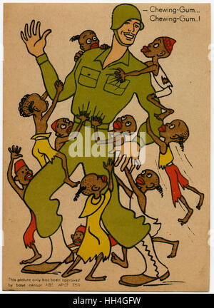 WW2 Humor - ein amerikanischer G.I. wird von afrikanischen Kindern bedrängt Stockfoto