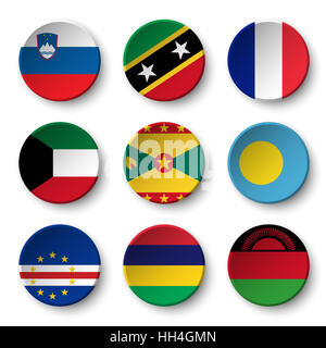 Satz der Welt kennzeichnet Runde Abzeichen (Slowenien. St. Kitts und Nevis. Frankreich. Kuwait. Grenada. Palau. Kap Verde. Mauritius. Malawi) Stockfoto