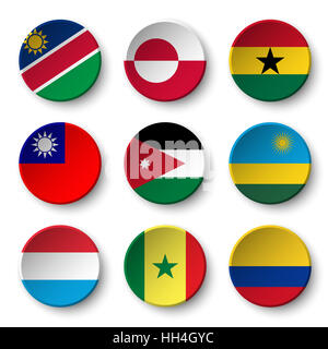 Satz der Welt kennzeichnet Runde Abzeichen (Namibia. Grönland. Ghana. Taiwan. Jordanien. Ruanda. Luxemburg. Senegal. Kolumbien) Stockfoto