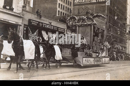 Präsident Woodrow Wilsons Völkerbund Tour, hier am 20. September 1919 in Spring Street, Los Angeles zu sehen. Wilson machte eine 9000 Meilen Tour der USA, der Ratifizierung des Versailler Vertrages und uns Mitgliedschaft in der Liga von Nationen befürworten. Stockfoto