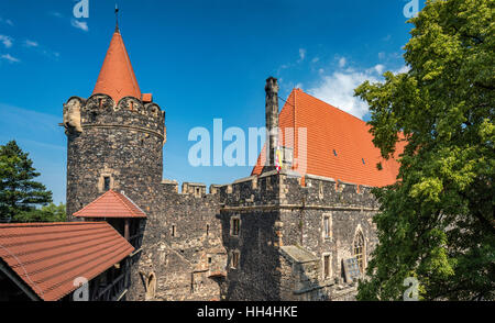 Grodziec Burg, Gotik-Renaissance-Stil, Blick von der Veranda entlang der Wand, in der Nähe von Grodziec, Niederschlesien, Polen Stockfoto