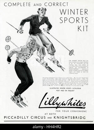 Anzeige für Skibekleidung Lillywhites 1937 Stockfoto