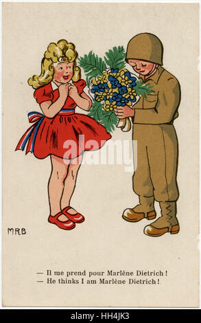 WW2 - American GI präsentiert ein französisches Mädchen mit Blumen Stockfoto