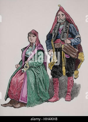 Trachten Mode. Bosnier. Gravur. 1800-1900. Farbe. Stockfoto