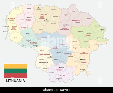 Administrative und politische Vektorkarte der baltischen Republik Litauen mit Flagge Stock Vektor