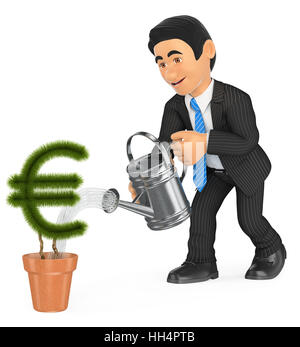 3D-Abbildung für Geschäftsleute. Geschäftsmann, der Euro-förmige Topfpflanzen gießt. Wachstumskonzept. Isolierter weißer Hintergrund. Stockfoto