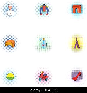 Aufenthalt in Frankreich Icons Set, Pop-Art Stil Stock Vektor